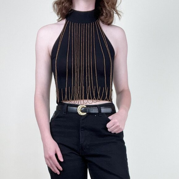 Vintage Silk Beaded Kit Crop Top Halter Blouse Shirt Sexy Going Out Club 90s Y2K - Picture 4 of 8
